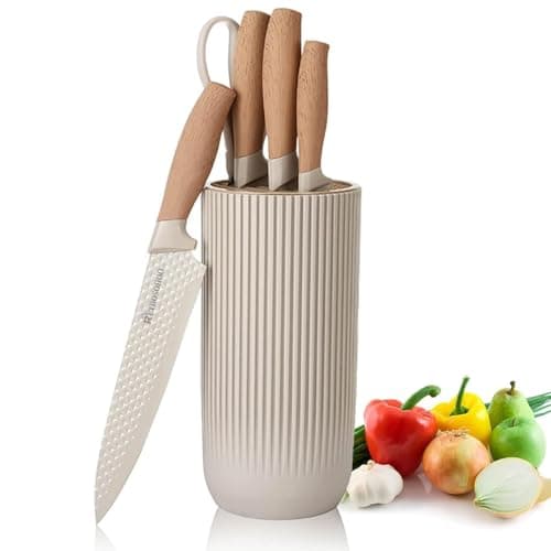 Kitchen Knife Set, Retrosohoo 6-Pieces Khaki Sharp Knife Block Sets for Kitchen, Non-stick Non-slip Stainless Steel Chef knives with Universal Block Suitable for Home Restaurant (Khaki)