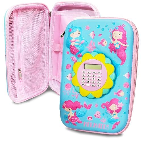VGRASSP Mermaid Theme Stationery Pencil Case for Kids with Mini Calculator - 3D EVA Zipper Pouch with Multi Storage Compartments - Fun School Stationery Organizer - Multicolor