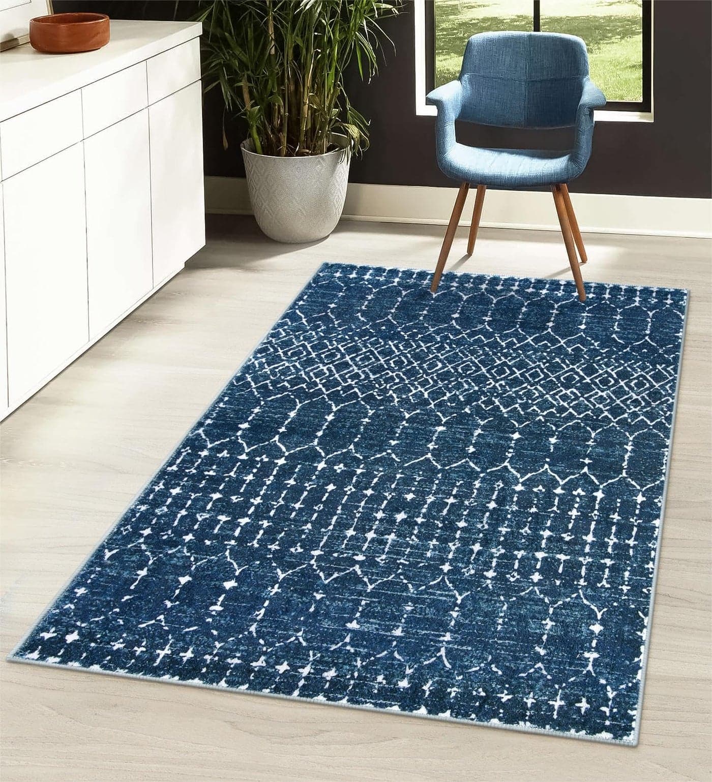 Lahome Moroccan Blue 3x5 NonSlip Washable Soft Rug for Bedroom Floor Throw Geometric Print Distressed Indoor Modern Rug for Entryway Dining Room Bathroom