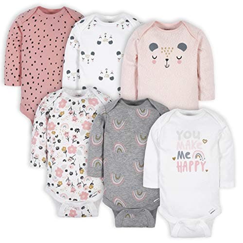 Gerber Baby Girls 6-Pack Long-Sleeve Onesies Bodysuits, Bear Pink, 12 Months