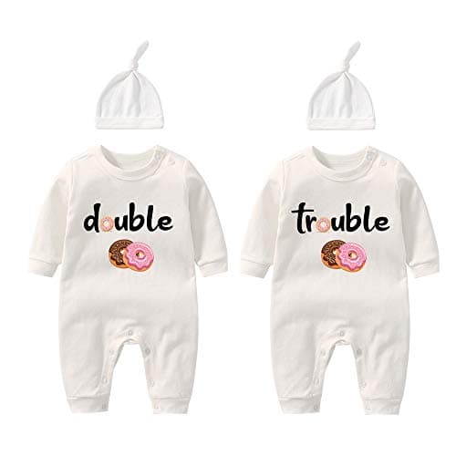 YSCULBUTOL Baby Twins Bodysuits Funny Double Trouble Cute Romper Twin Jumpsuits Hat Set(DT White 6M)