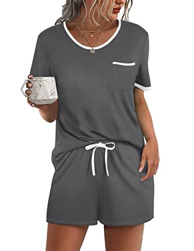 Ekouaer Pajama Set for Women 2 Piece Lounge Set Short Sleeve Tops and Shorts Soft Sleepwear, Chest Pocket Dark Gray