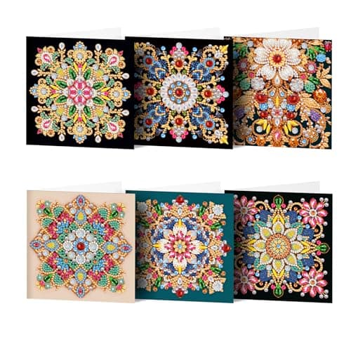pigpigboss 6 Packs Mandala Diamond Art Greeting Card Kit, Flower Birthday Cards Paint with Diamonds, Special Shaped Diamond Painting Dots Cards Crafts for Adult Holiday Wishes and Blessing