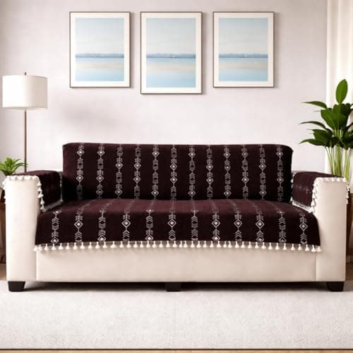 STITCHNEST Chenille Printed Sofa Cover 3 Seater with 2 Hand Rest Covers – Washable Brown Sofa Cover with Tassels – Durable Premium Fabric – Stylish Sofa Protector for Living Room & Furniture Decor