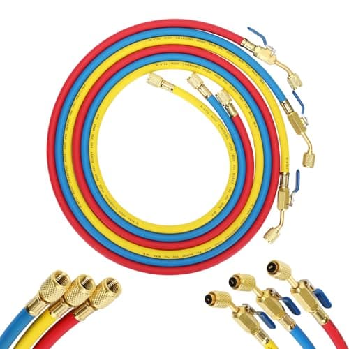 29985 Plus II 14HVAC Hose with Compact Ball Valve 14 Flare 4000 PSI60 Inch5FTRefrigerant Hose R410a R134a R407C R502 R12 R22 CompatibleFor Common Refrigerants RedYellowBlue 3 Pack