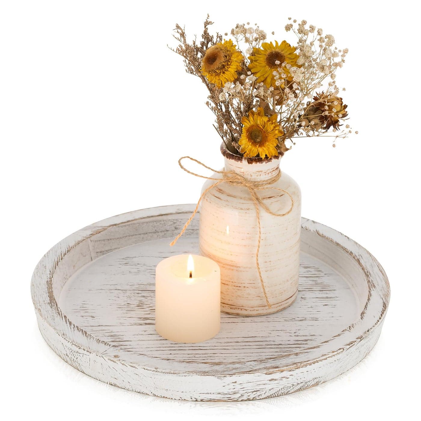 Romadedi Rustic Wooden Tray Candle Holder Round Wood Decorative Pillar Candle Tray for Coffee Table Farmhouse Kitchen Countertop Organizer Home Decor Wedding Centerpiece Distressed White