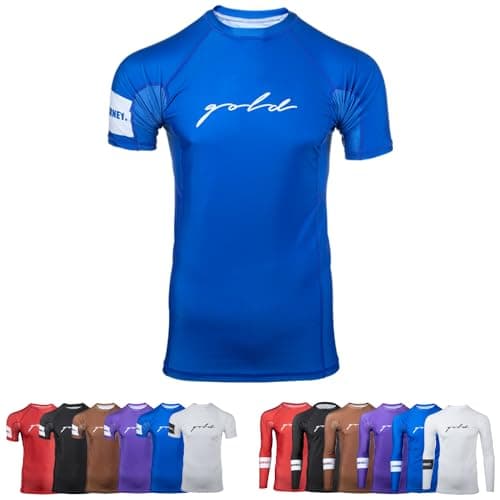 Gold BJJ Foundation Rash Guard - Ranked No-Gi and Gi Jiu Jitsu Rashguard (Short Sleeve, Blue, XXL)