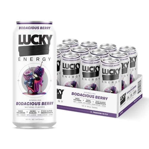 Lucky Energy Sugar Free Energy Drinks, Bodacious Berry, 16oz Cans (12-Pack) Healthy, Zero Sugar Energy Drink with Maca, Ginseng, Beta-Alanine, Taurine & 200mg Caffeine