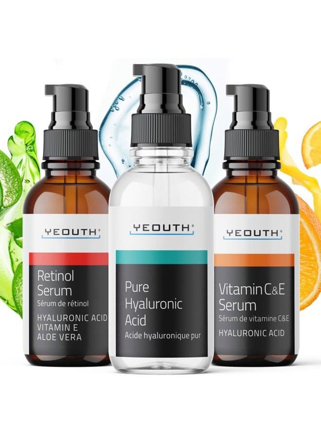 Skin Care Set: Hyaluronic Acid Serum for Face, Retinol Serum for Face and Vitamin C, Skincare Set Targets Appearance of Uneven Skin Tone and Dryness 3x1 oz