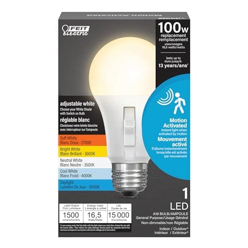 Feit Electric LED Motion Sensor Light Bulb, A21 100W Equivalent, 5CCT, Non-Dimmable, E26 Medium Base, 90 CRI, 1500 Lumens, Adjustable White, 15 Years Lifetime, OM100/5CCTCA/MM/LEDI