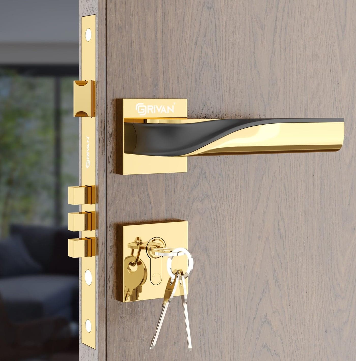 GRIVAN Elegance Brass Mortise Lock for Door, Bedroom, Balcony, Store Room Handle Set for Main & Internal Doors Durable Lock Body & 3 Keys Included (Gold, Black Finish) | 2 Years Warranty