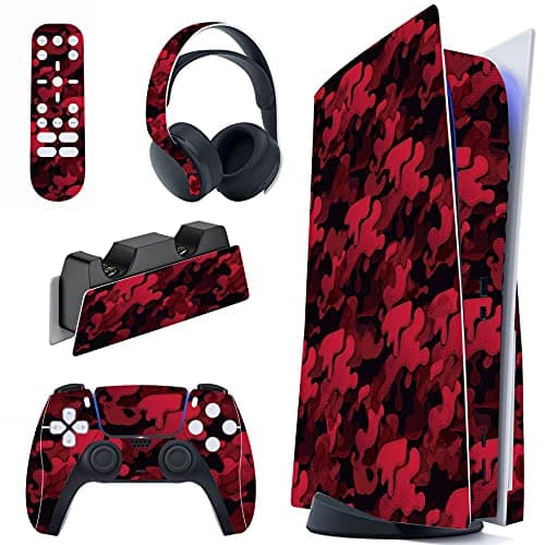 PlayVital Black Red Camouflage Full Set Skin Decal for ps5 Console Disc Edition, Sticker Vinyl Decal Cover for ps5 Controller & Charging Station & Headset & Media Remote