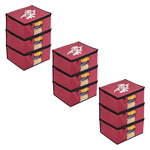 PrettyKrafts Large Saree Cover With Creative Prints, Wardrobe Organiser, Clothes Cover & Storage, Zip Closure and Transparent Window | Clothes Storage Bag | Set of 9, Maroon | Size: 40 x 35 x 20 cm