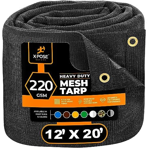 Xpose Safety Heavy Duty Mesh Tarp 12 x 20 Multipurpose Black Protective Cover with Air Flow Use for Tie Downs Shade Fences Canopies Dump Trucks Tear Resistant