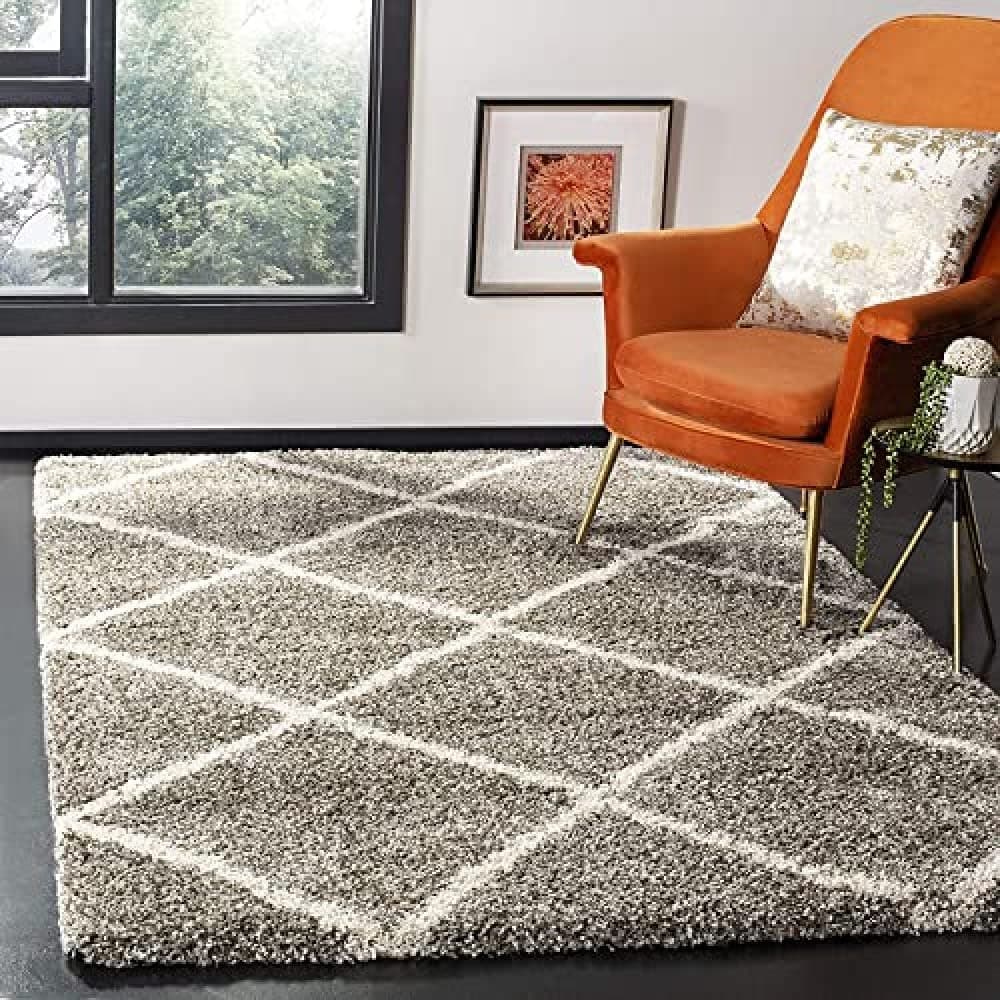 SAFAVIEH Hudson Shag Collection Area Rug 8 x 10 Grey Ivory Modern Trellis Design NonShedding Easy Care 2inch Thick Ideal for High Traffic Areas in Living Room Bedroom SGH281B