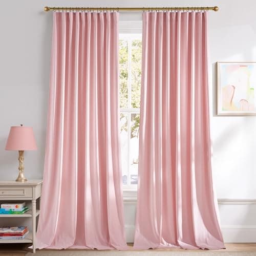 NICETOWN Pink Velvet Curtains 84 inch Long 2 Panels for Girls, Baby Pink Noise Reduction Rod Pocket Pleat Tape with Back Tab Soft Luxury Window Treatments for Nursery, W52” x L84“