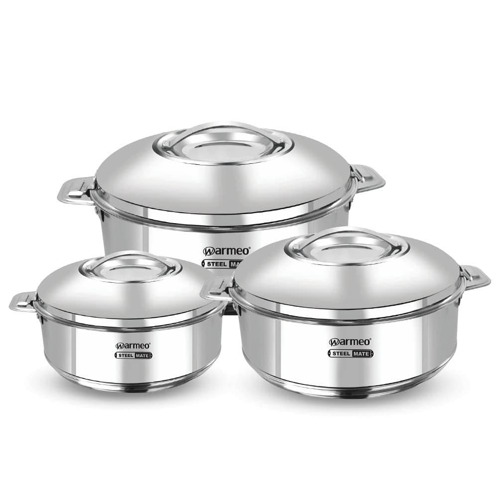 WARMEO Steam 1500 Insulated Stainless Steel Casseroles Easy to Carry Hot Boxes for Kitchen Hot Food Easy to Store Silver Set of 3 1650 ml