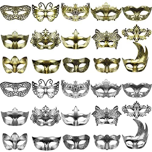 Yunsailing 30 Pieces Masquerade Mask Antique Masks with Straps for Halloween Women Men Mardi Gras Venetian Ball Party(Gold, Silver)