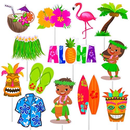32 Pcs Hawaii Aloha Luau Cupcake Toppers Hawaiian Tropical Summer Theme Birthday Party Cake Decorations with Palm Leaves Flamingo Tiki Coconut Pattern