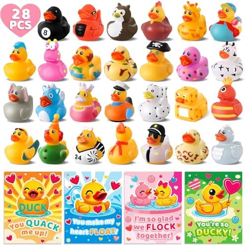 28 Pack Valentines Day Gifts for Kids Valentine Rubber Ducks in Bulk with Valentines Cards for Girls Boys School Classroom Assorted Ducks for Jeeps Valentines Party Favors Classroom Exchange Gifts
