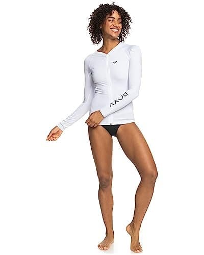 Roxy Women's Long Sleeve Zipped Rashguard – UPF 50+, Stretch Fit, Swim, Surfsuit, Quick-Dry Swim Shirt, White, Medium