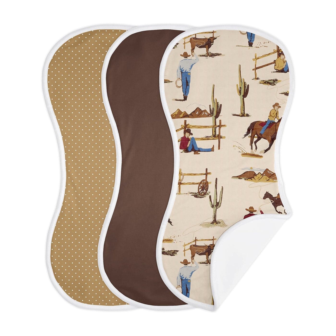 Sweet Jojo Designs Western Cowboy Baby Boy Absorbent Burp Cloths for Infant Newborn Red Blue Tan Chocolate Brown and White Wild West Southern Country Horse 3 Pack Set of Dribble Drool Cloths
