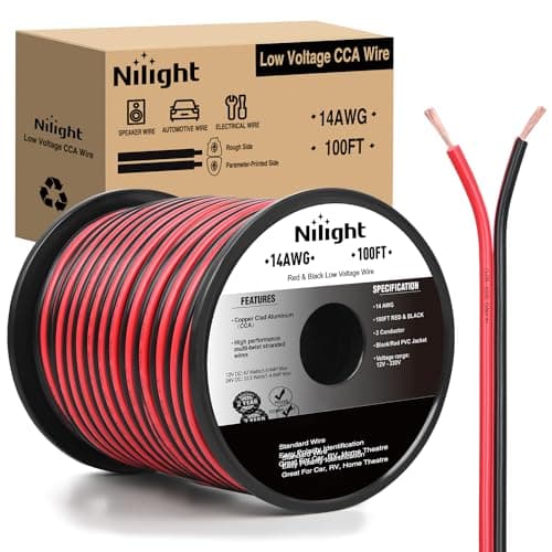 Nilight 100FT 14AWG Copper Clad Aluminum Wire 14/2 Gauge Red Black CCA Electrical Cable 2 Conductor Parallel 12V/24V DC Flexible Extension Cords for Car Audio Radio Speaker Amplifier
