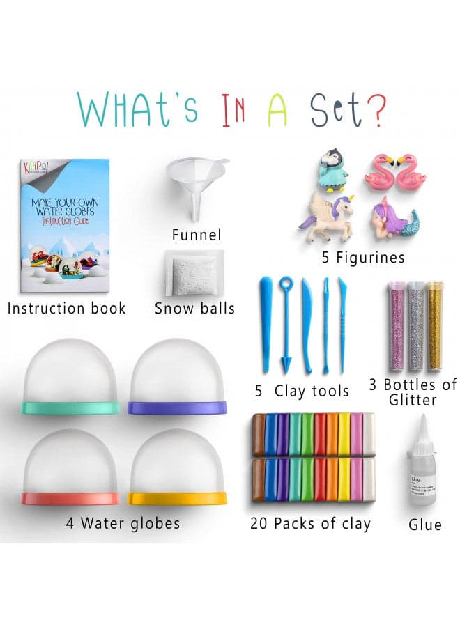 Kipipol Snow Globe Making Kit for Kids - Make Your Own Snow Globes for Girls w/ 4 DIY Snowglobe, 5 Figures, 20 Packs of Modeling Clay for Kids for Sculpting - Arts and Crafts for Girls & Boys 8-12-4-8