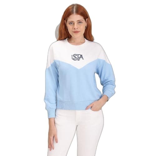 U.S. Polo Assn. Women Cotton Blend Light Blue Crew Neck Colour Block Regular Sweatshirt, Large