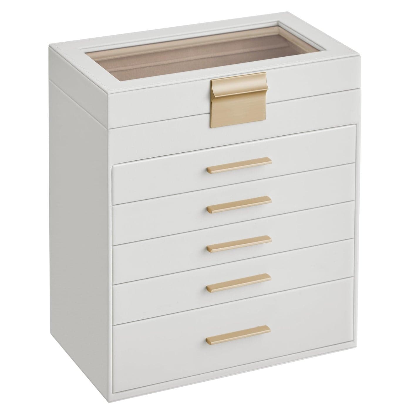 SONGMICS Jewelry Box Organizer with Glass Lid 6Layer Jewelry Storage with 5 Drawers Modern Style 64 x 99 x 114 Inches Cloud White and Gold Color UJBC171W01
