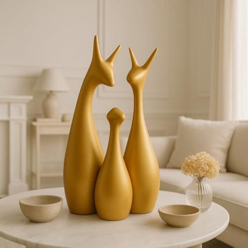 Xtore Lavish Gold Home Decor Lucky Deer Family Ceramic Figurine (Set of 3, Gold Matte)