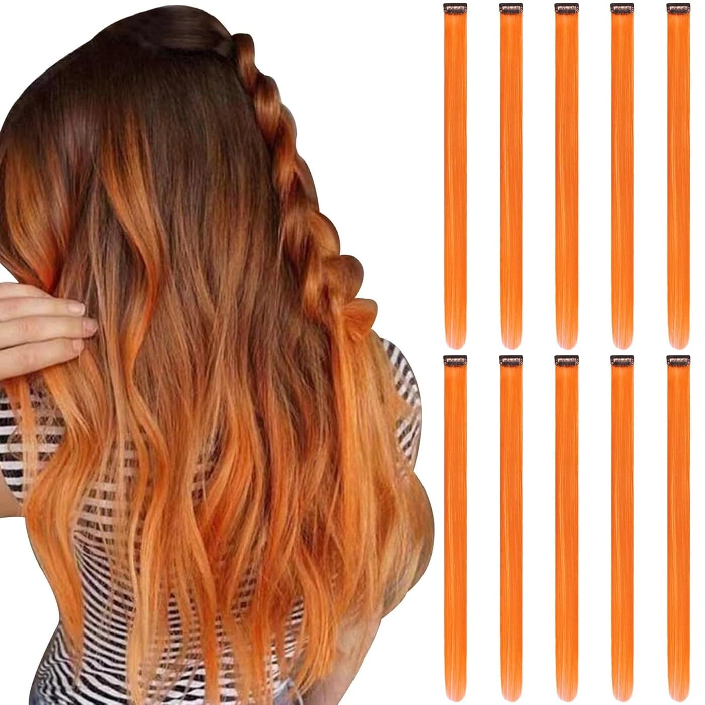 Orange Hair Extensions Clip in for Kids Girls 10 Pieces 22 Inch Colored Heat Resistant Synthetic Hairpiece Long Straight Streak Extension Clips Ins
