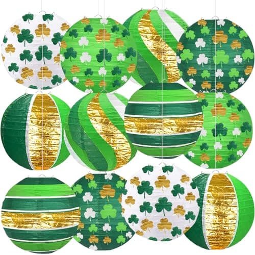 ADLKGG 12 PCS Lucky Green Paper Lanterns, 8" Hanging Clover Decorations for Garden Party, Casino Night, The Lucky One Baby Shower, Irish Wedding & Spring Events, St. Patrick's Day
