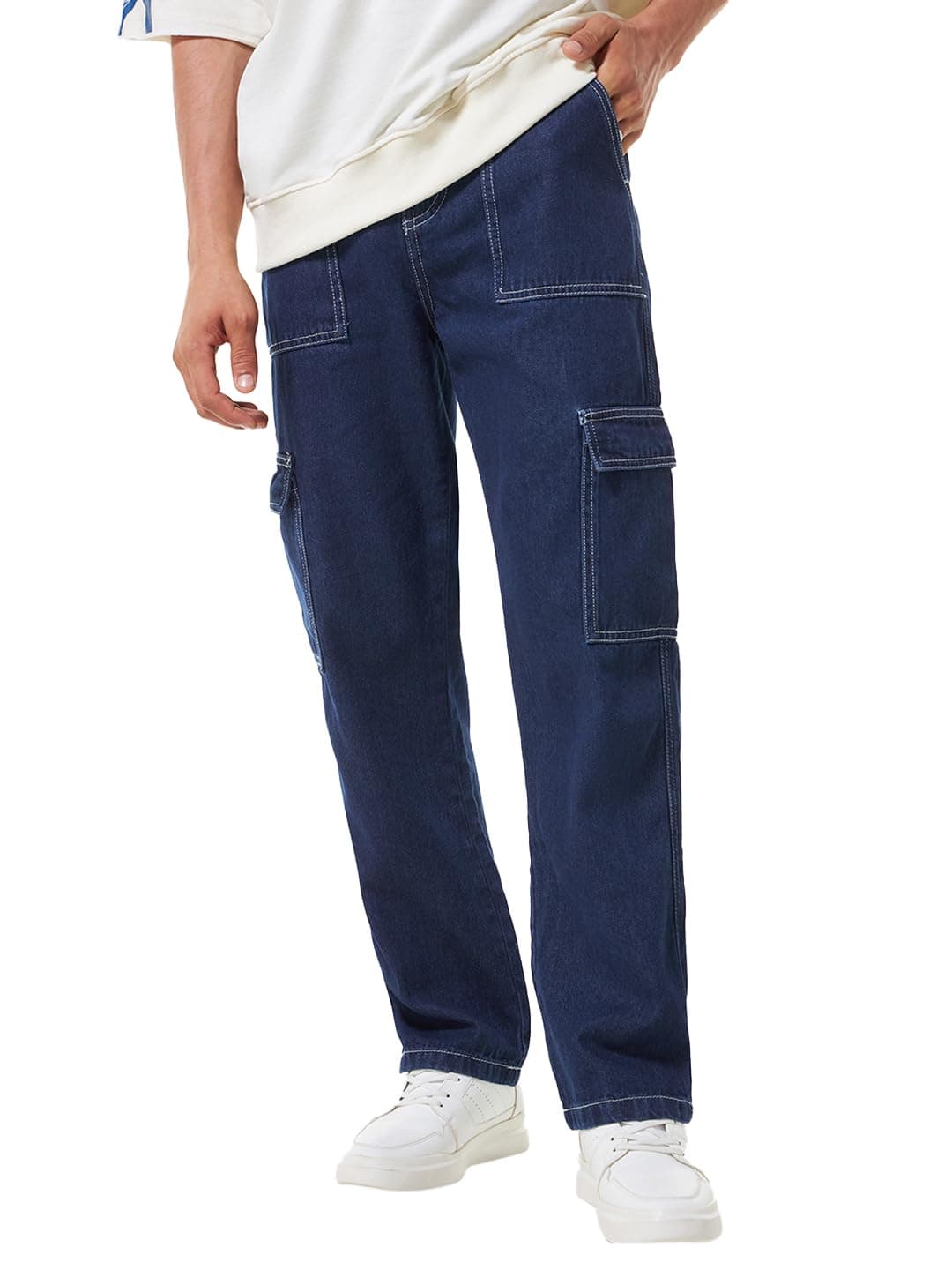 Bewakoof Men's Baggy Regular Fit Cargo Jeans_624255_Blue_32