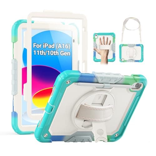 SEYMAC Case for iPad (A16) 11th/10th Generation 2025/2022 (11″/10.9″), Sturdy Heavy Duty Full-Body Shockproof Protective Case with Screen Protector, Rotating Stand, Hand/Shoulder Strap, Colorful/Blue