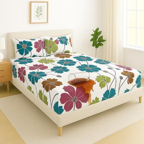 BSB HOME Waterproof Fitted Bedsheet for King Size Mattress 78x72+10 inches with 2 Pillow Covers | Noiseless, All Round Elastic | Leakproof, Dustproof & Skin-Friendly Bed Sheet Set- White & Blue