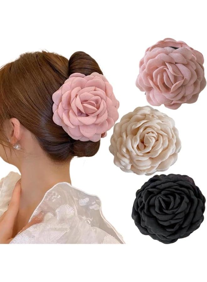 3 Pack Large Rose Hair Clips, Flower Hair Claw Set for Women and Girls, Chiffon Rose Plastic Hair Accessories