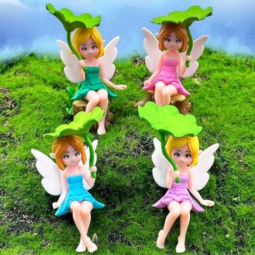 Miniature Fairy Figurines - 4Pcs Small Flower Fairies Ornaments Resin Mini Fairy Figurines Tiny Elf for DIY Fairy Garden Flower Pot Bonsai Micro Landscapes Craft Decoration Accessories (lotus leaf)