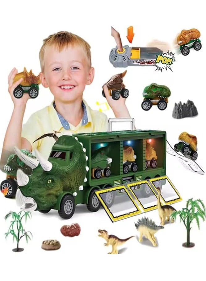 14Pcs Kids Dinosaur Car Track Set – Dino Truck with Pull Back Vehicles, Light Sound Effects & Racing Track