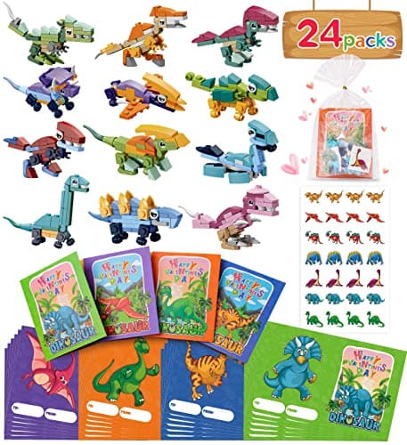Colplay 24 Packs Valentines Day Gifts for Kids ClassroomDinosaur Building Blocks with Valentines Day Cards for Kids School Stickers Exchange Valentines Party Favors Boxes for Boys Girls