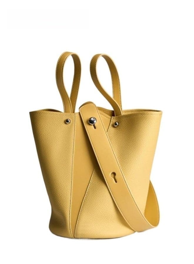 Women Shoulder Bag PU Leather Bucket Shape Large-Capacity Multi-Pocket Tote for Daily Casual Travel, Ladies Wide-Strap Sling & Clutch Handbag Ideal for College Youth Party Use, Tote Bags (Yellow)