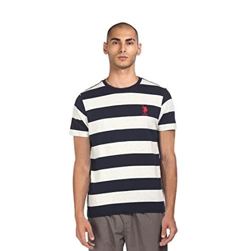 U.S. POLO ASSN. Mens Cotton Crew Neck Striper I688 Lounge Regular Fit T-Shirt-Pack Of 1 (Lt.Grey Mel/Navy Large)