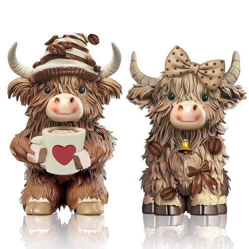 Burbell 2 Pack Highland Cow Resin Figurine Decor Coffee Theme Highland Cow Gnomes Starfish Resin Statue for Garden Table Shelf Kitchen Home Coffee Bar Decor Calf Gnome Herd Gifts