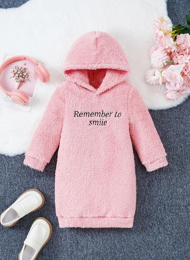 Girl'S Furry Slogan Print Long Sleeve Hoodie Dress