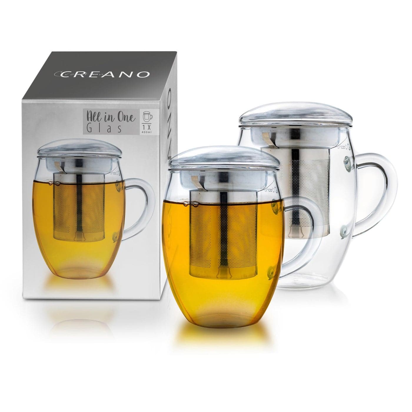Creano 2pcs AllInOne Tea Glass with Stainless Steel Infuser and Lid 14oz 400ml