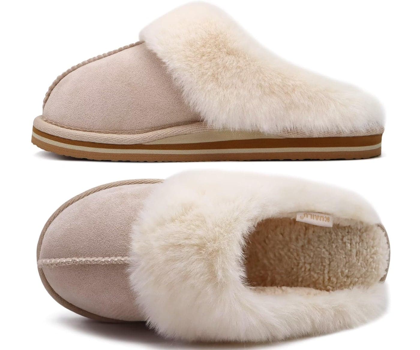 KuaiLu Womens Slippers, Fluff Dual Memory Foam Ladies Cozy Arch Support Warm Scuff Slippers Slip on Comfy Winter House Shoes with Non-Slip Indoor Outdoor Hard Sole Apricot 8
