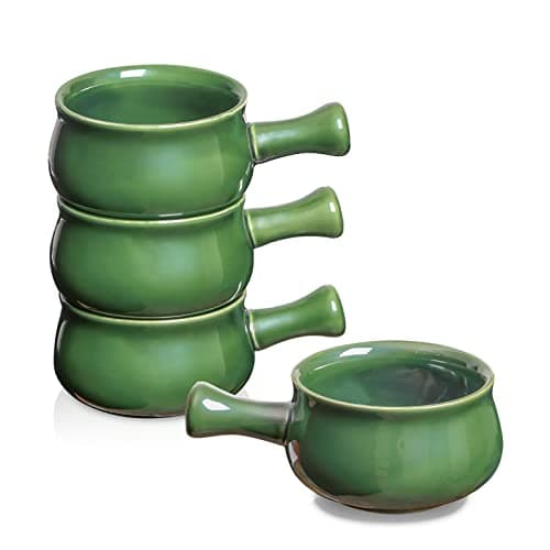 vicrays French Onion Soup Bowls With Handles, 26 Ounce for Soup, Chili, Beef Stew, Chip Resistant, Dishwasher Microwave Safe, Set of 4 (Green)