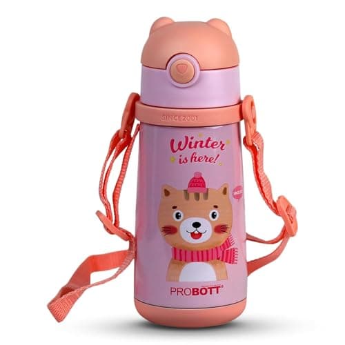Probott School Champ 370ml Sipper Bottle for 3-5yrs Old Kids with Straw & Strap to Carry, Pink | Stainless Steel Hot & Cold Water Bottle | Double Walled Vacuum Flask | Perfect for Toddlers | Leakproof