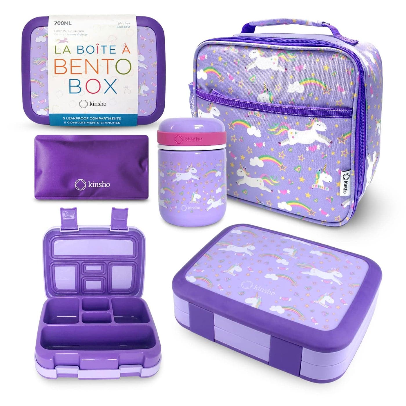 Bento Box Steel Food Thermal Insulated Lunch Bag and Ice Pack Set for Kids 5 Leakproof Compartments Lunches or Snack Container for Girls Toddlers Daycare PreSchool Kindergarten Purple Unicorn