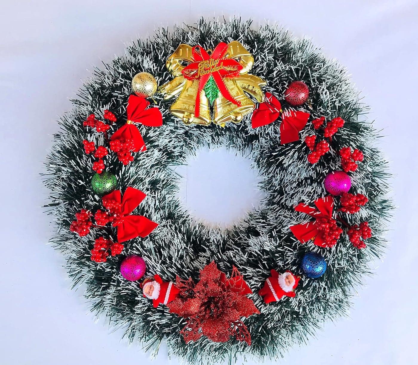Evisha Green Snow Tinsel Big Merry Christmas Wreath Hanging Ornaments Wall Bowknot for Christmas Party Home Decoration